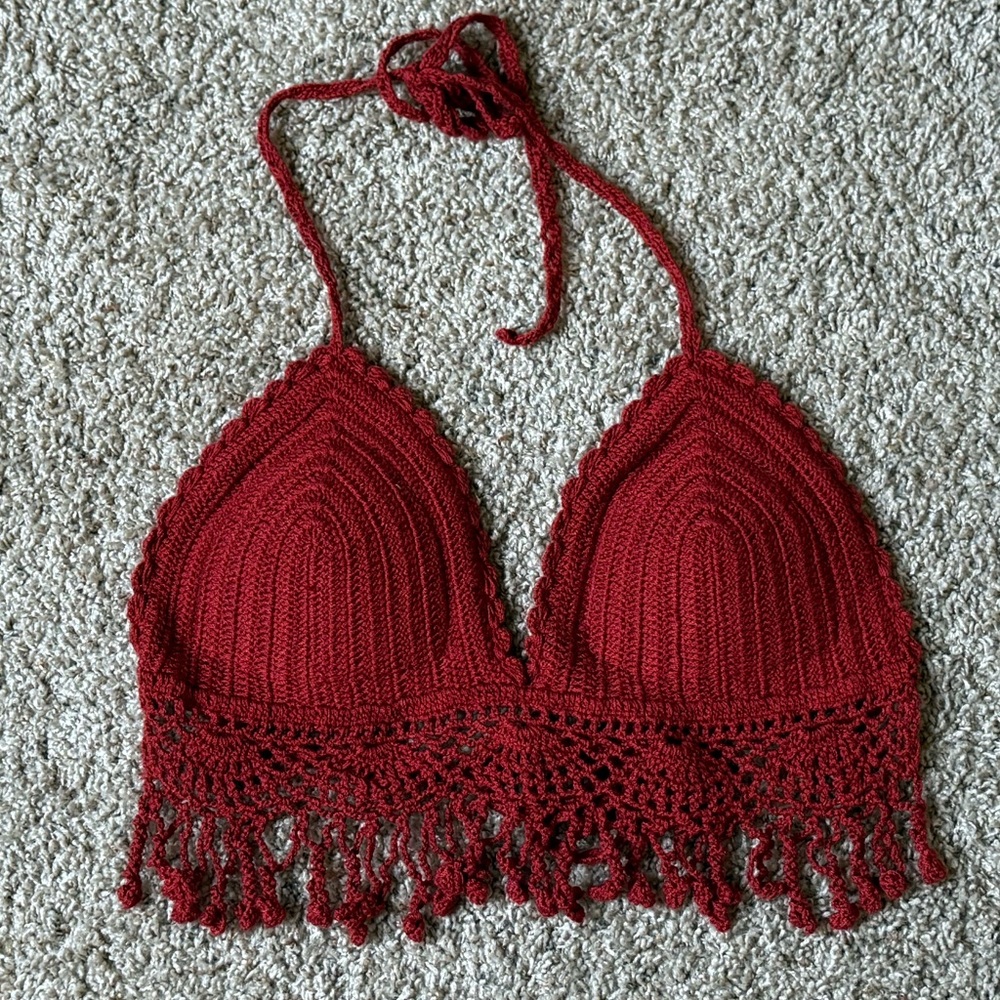 Stylish Deep Red Crochet Halter Top Size L